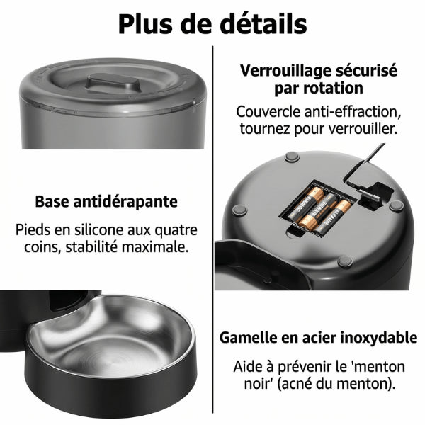 Distributeur croquette avec bol inox sécurisé et base antidérapante stable durable
