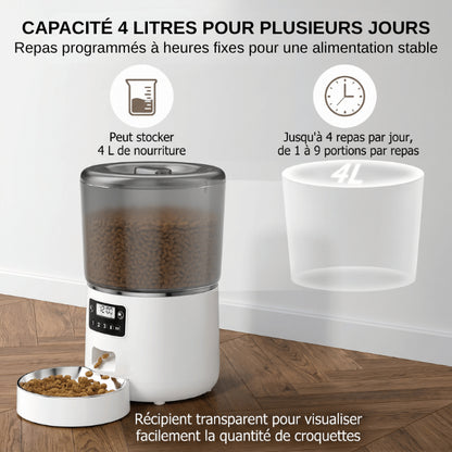 Distributeur croquette 4 litres programmable offrant autonomie longue durée pour chat adulte