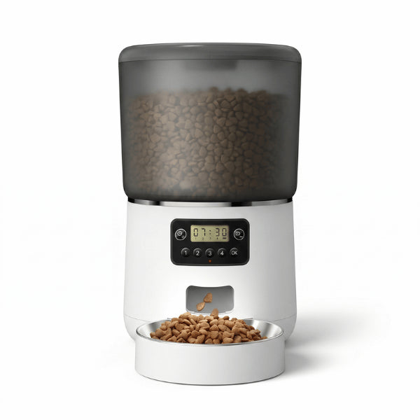 Distributeur croquette programmable blanc avec bol inox hygiénique pour alimentation quotidienne