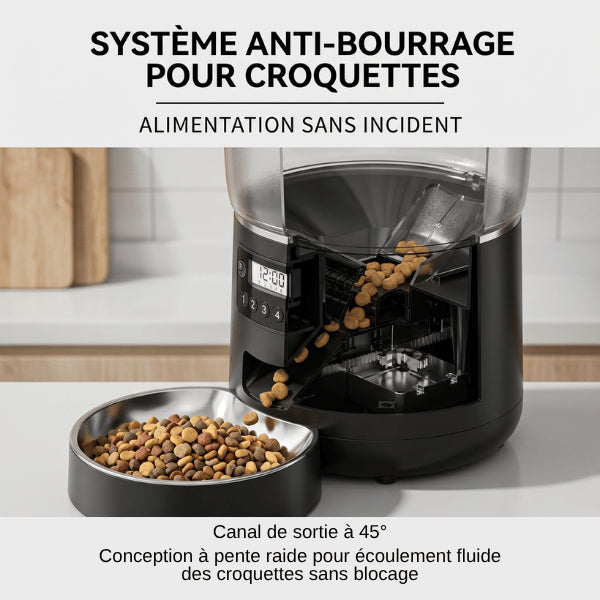 Distributeur croquette anti bourrage garantissant distribution fluide des repas programmés quotidiens