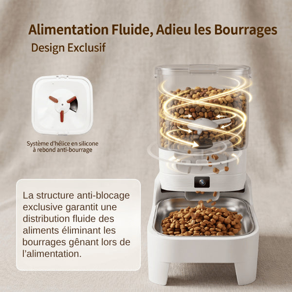 Distributeur croquettes anti bourrage avec hélice silicone pour distribution alimentaire fluide