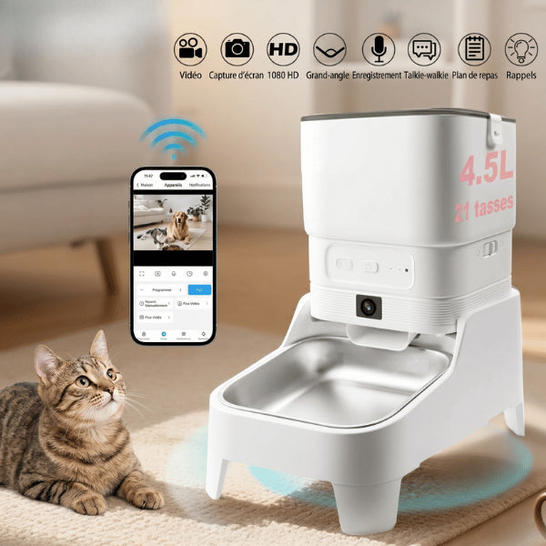 Distributeur croquettes avec caméra HD surveillant votre chat pendant les repas quotidiens