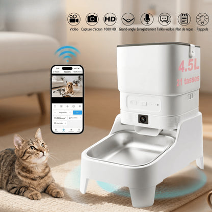 Distributeur croquettes avec caméra HD surveillant votre chat pendant les repas quotidiens