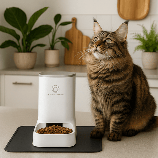 Distributeur croquettes chat dans cuisine sur tapis antidérapant avec maine coon
