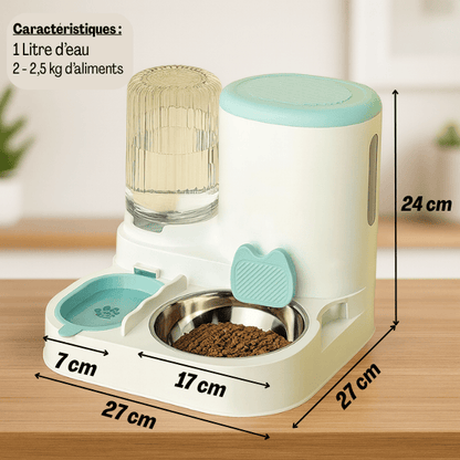 Distributeur croquettes chat eau 2en1 automatique bleu bol inox amovible dimensions luxe bowl™