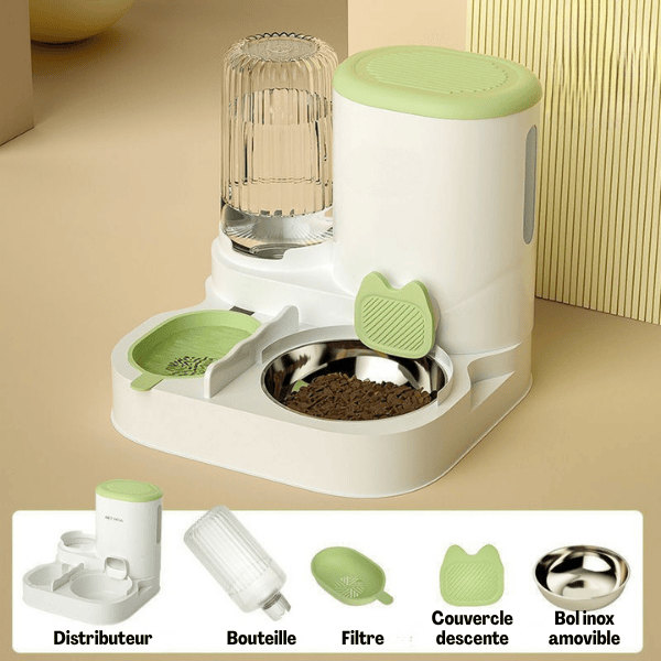 Distributeur croquettes chat eau automatique 2en1 vert bol inox amovible - LuxeBowl™