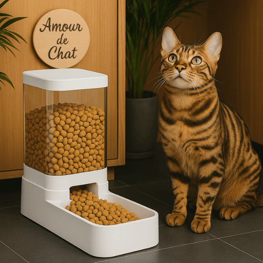 Distributeur croquettes chat gravitaire présentation avec chat dans cuisine