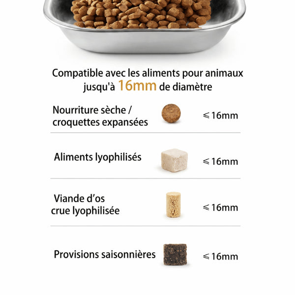 Distributeur croquettes compatible aliments lyophilisés et croquettes jusqu’à seize millimètres