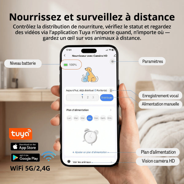 Distributeur croquettes connecté contrôlable à distance avec application mobile Tuya intuitive