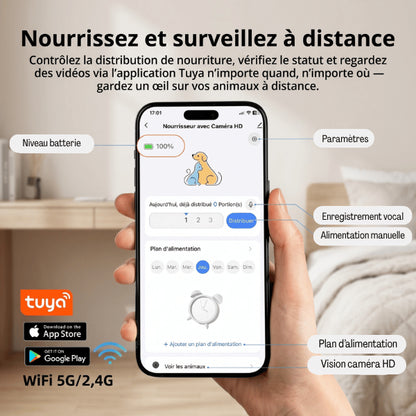 Distributeur croquettes connecté contrôlable à distance avec application mobile Tuya intuitive