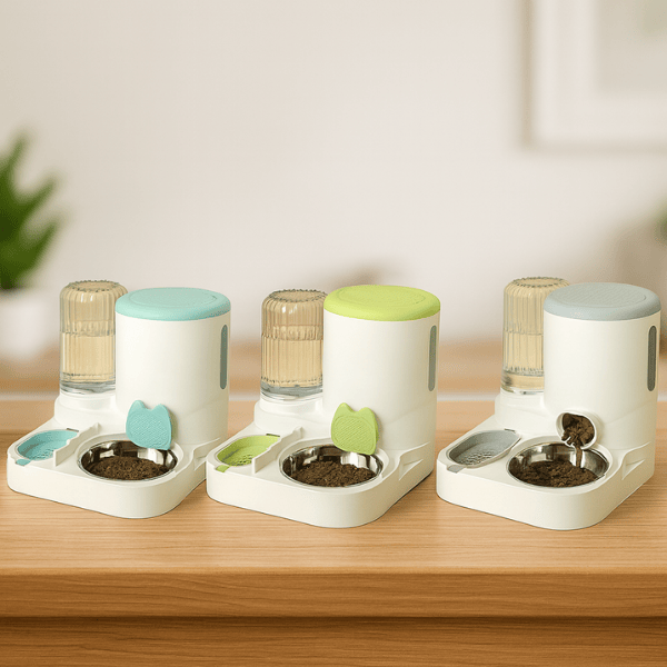 Distributeur croquettes eau chat 2en1 automatique bleu vert gris bol inox amovible filtre LuxeBowl™