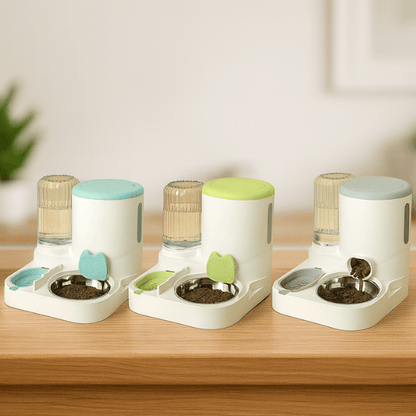 Distributeur croquettes eau chat 2en1 automatique bleu vert gris bol inox amovible filtre LuxeBowl™