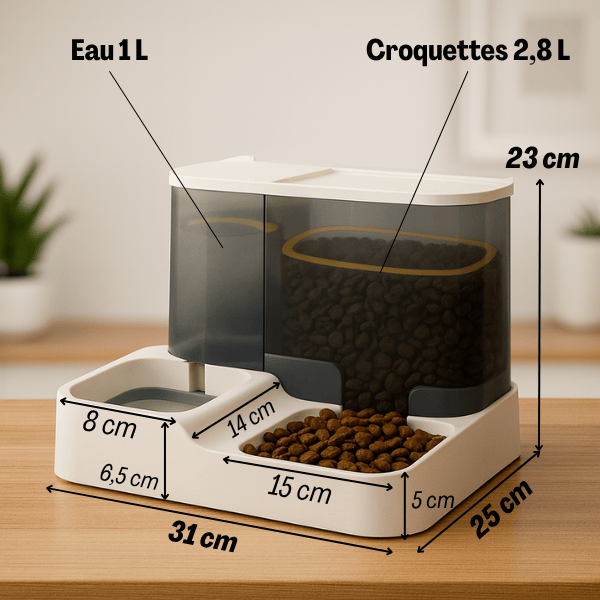 Distributeur croquettes pour chat 2,8 L et eau 1 L 2en1 compact dimensions PurrCroq™