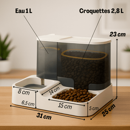 Distributeur croquettes pour chat 2,8 L et eau 1 L 2en1 compact dimensions PurrCroq™