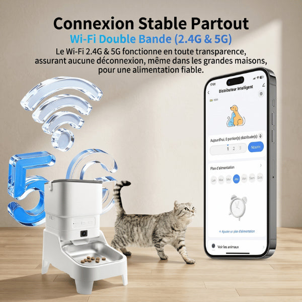 Distributeur croquettes connecté WiFi bi bande stable compatible application Tuya intelligente