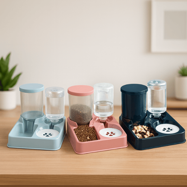 Distributeur de croquettes chat 2en1 choix trois couleurs bleu ciel rose bleu marine Station2en1™