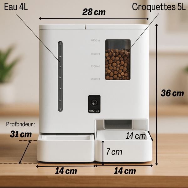 Distributeur de croquettes chat 5 L et eau 4 L wifi caméra dimensions FullFeeder™