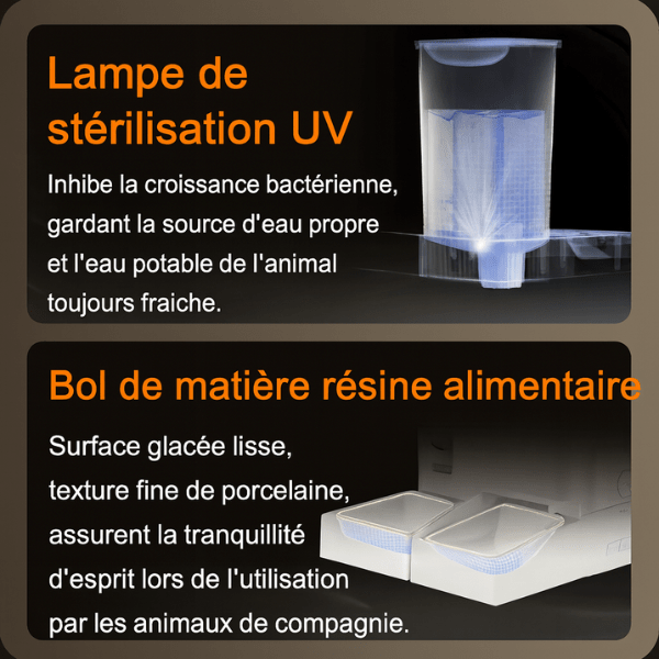 Distributeur de croquettes chat automatique eau filtrée 2 bols résine | FullFeeder™