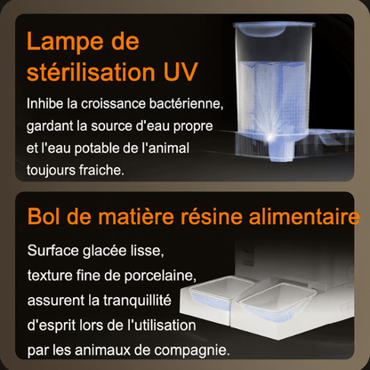 Distributeur de croquettes chat automatique eau filtrée 2 bols résine | FullFeeder™