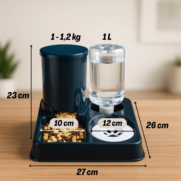 Distributeur de croquettes chat et réserve d'eau 2en1 bleu marine dimensions Station2en1™