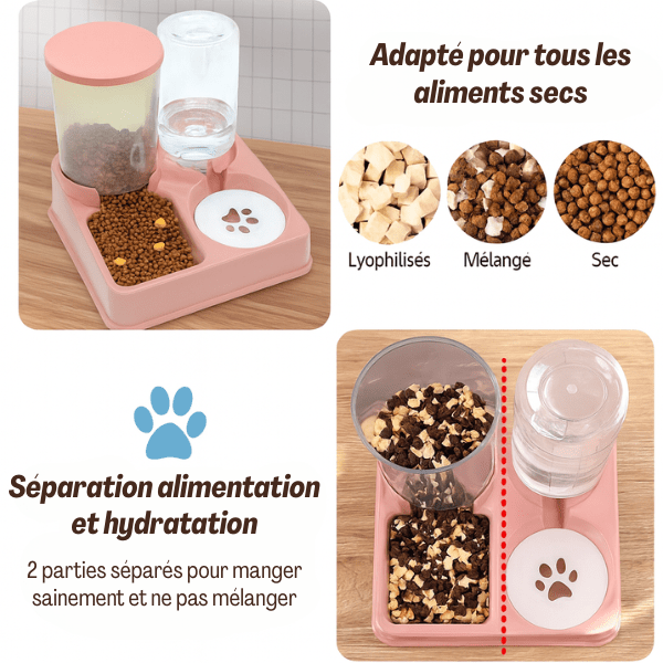 Distributeur de croquettes et eau chat adapté tout aliments secs - Station2en1™