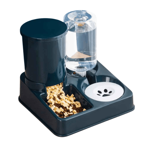 Distributeur de croquettes chat et eau automatique bleu marine - Station2en1™ - Amour de Chat
