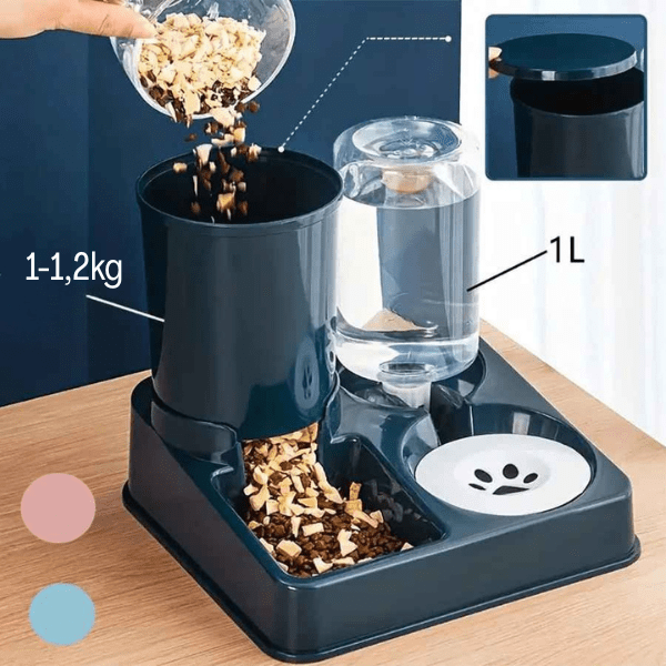 Distributeur de croquettes chat capacité plusieurs jours aliments 1,2 kg et eau 1 L - Station2en1™