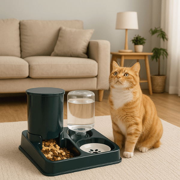 Distributeur de croquettes et eau chat pratique chat salon attend repas | Station2en1™ - Amour de Chat
