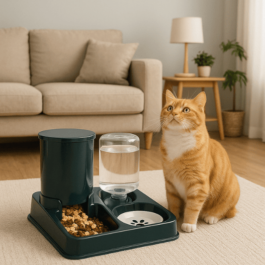Distributeur de croquettes et eau chat pratique chat salon attend repas | Station2en1™ - Amour de Chat
