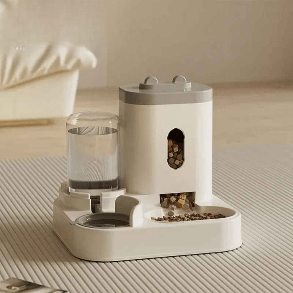 Distributeur de croquettes pour chat 2en1 compact gravitaire eau aliment gris | AutoCroq™ - Amour de Chat