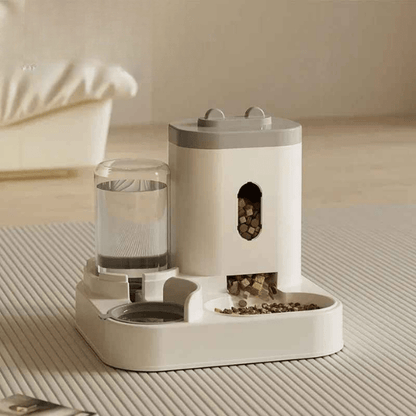Distributeur de croquettes pour chat 2en1 compact gravitaire eau aliment gris | AutoCroq™ - Amour de Chat