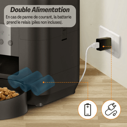 Distributeur de croquettes pour chat double alimentation absences panne courant batterie CroqTech™