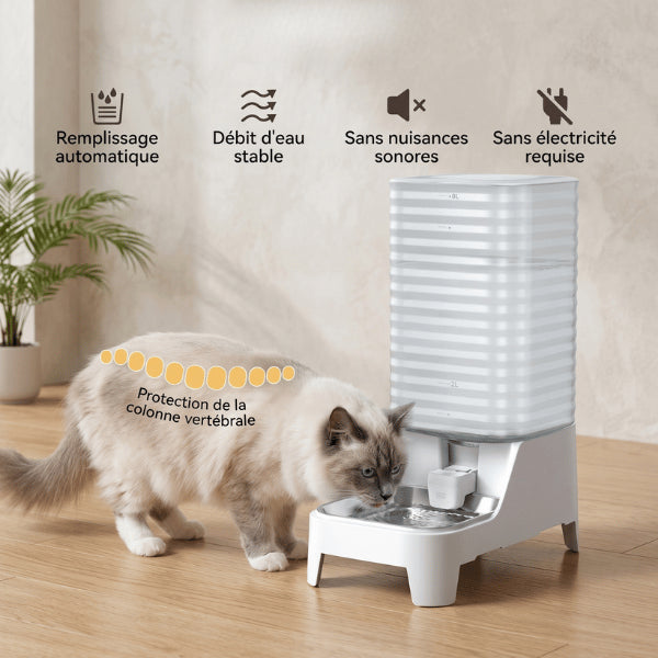Distributeur eau chat sans électricité avec débit stable et silencieux