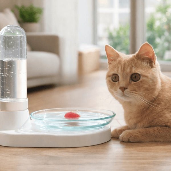 Chat à côté d’un distributeur eau chat sans fil et sans électricité avec grand bol stable