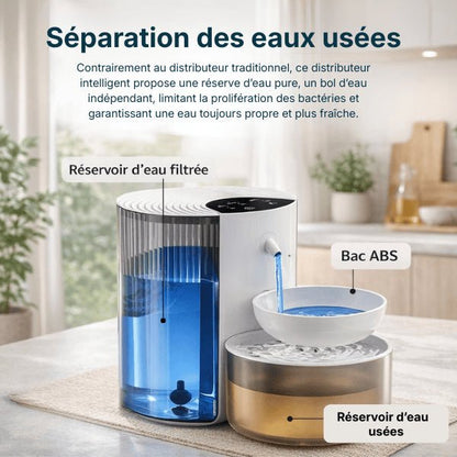 Distributeur eau chat séparant eau propre et eau usée pour hygiène optimale