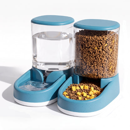 Distributeur eau croquette chat bleu avec distribution gravitaire autonome eau et alimentation permanente