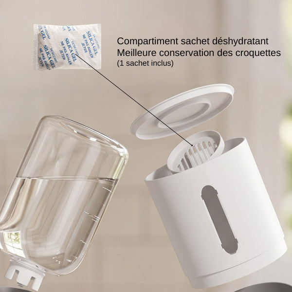 Distributeur eau et croquette chat bleu avec compartiment sachet déshydratant meilleure conservation