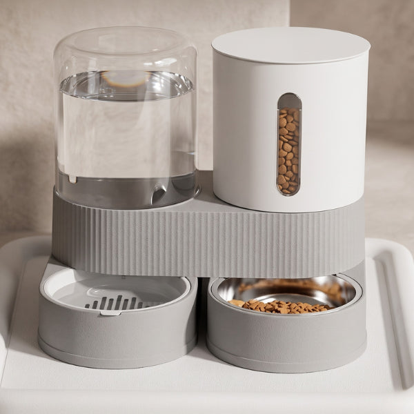 Distributeur eau et croquette chat gris avec distribution gravitaire eau et croquettes continue