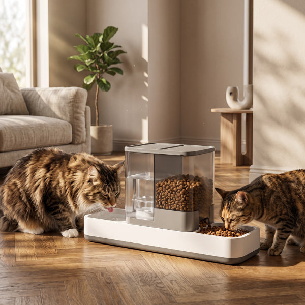 Distributeur eau et croquettes pour chat avec bols séparés limitant les conflits alimentaires