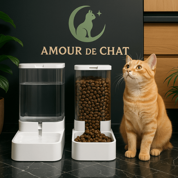 Distributeur eau et croquettes pour chat  : repas complet indépendant pratique - Essentiel Félin™