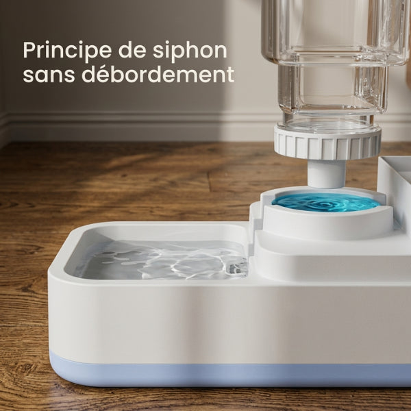 Distributeur eau et croquettes pour chat avec siphon automatique évitant tout débordement d'eau
