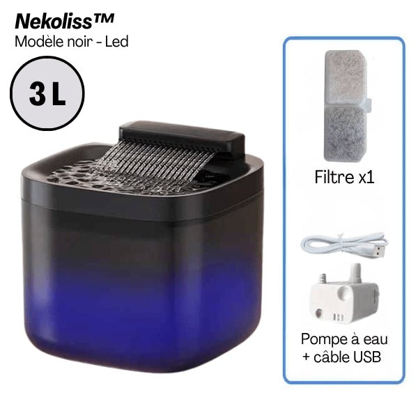 Distributeur eau pour chat automatique design multi jets filtre noir lumineux LED USB grande capacité 3 L Nekoliss™