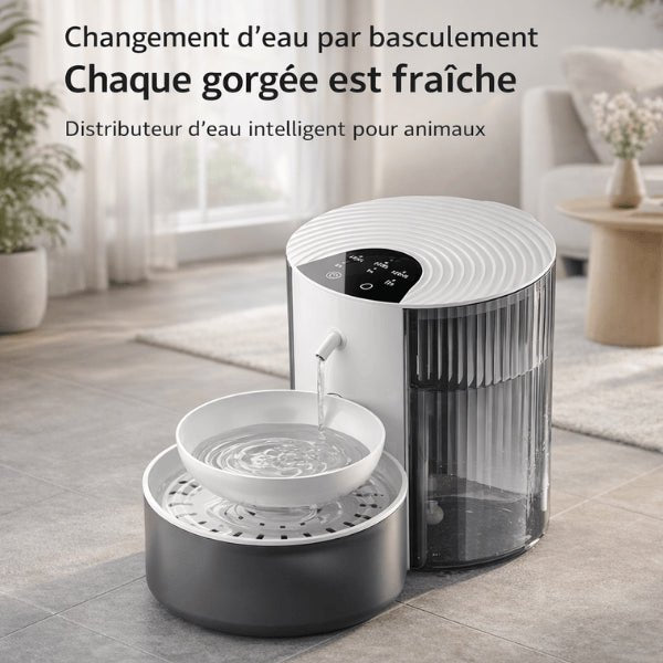 Distributeur eau pour chat renouvelant automatiquement l’eau du bol après usage