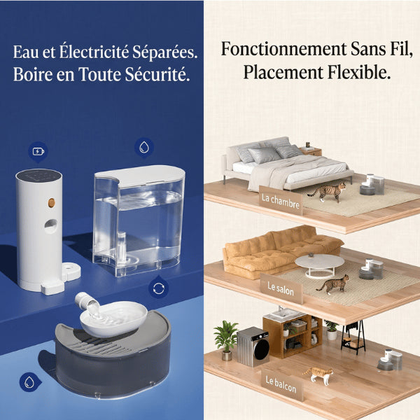 Distributeur eau pour chat sécurisé avec composants électriques totalement séparés