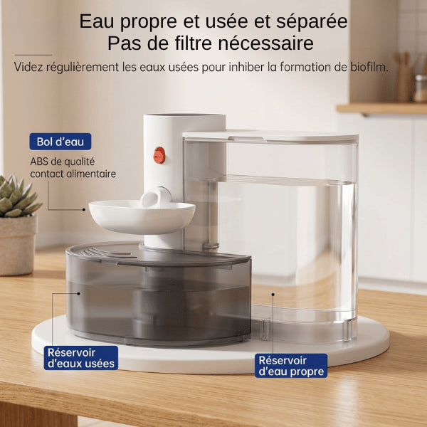 Distributeur eau pour chat avec séparation eau propre et usée