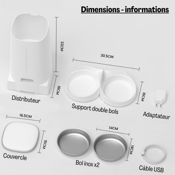 Distributeurs croquettes automatique wifi 2 chats dimensions complètes CroqLink™