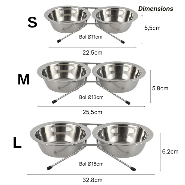 Double gamelle chat présentée en tailles S M L avec différents diamètres de bols inox