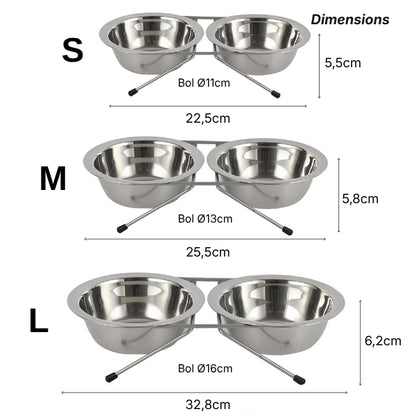 Double gamelle chat présentée en tailles S M L avec différents diamètres de bols inox