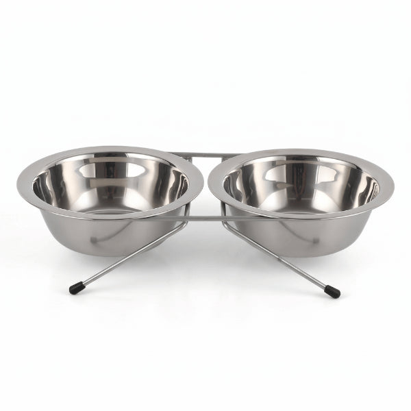 Double gamelle chat inox compacte avec deux bols côte à côte sur support inox antidérapant