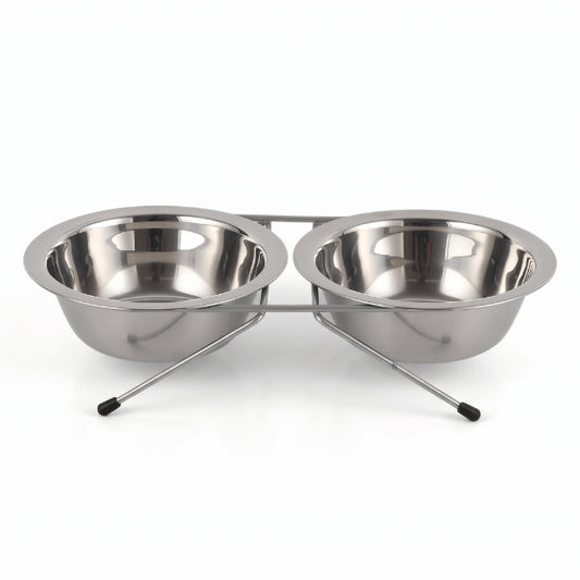Double gamelle chat inox compacte avec deux bols côte à côte sur support inox antidérapant